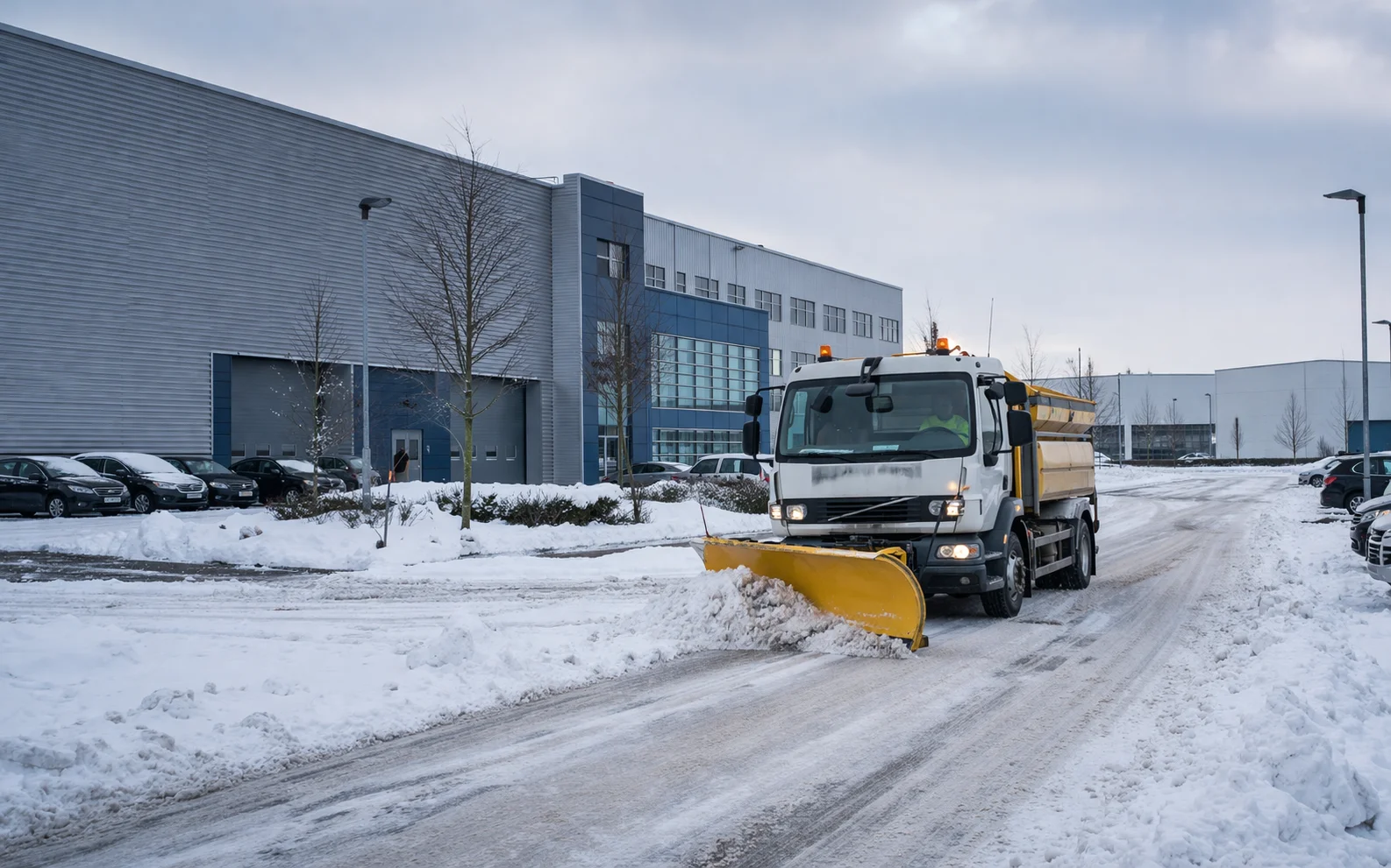 Snow clearance truck pushing snow from a commercial access road at an industrial site.