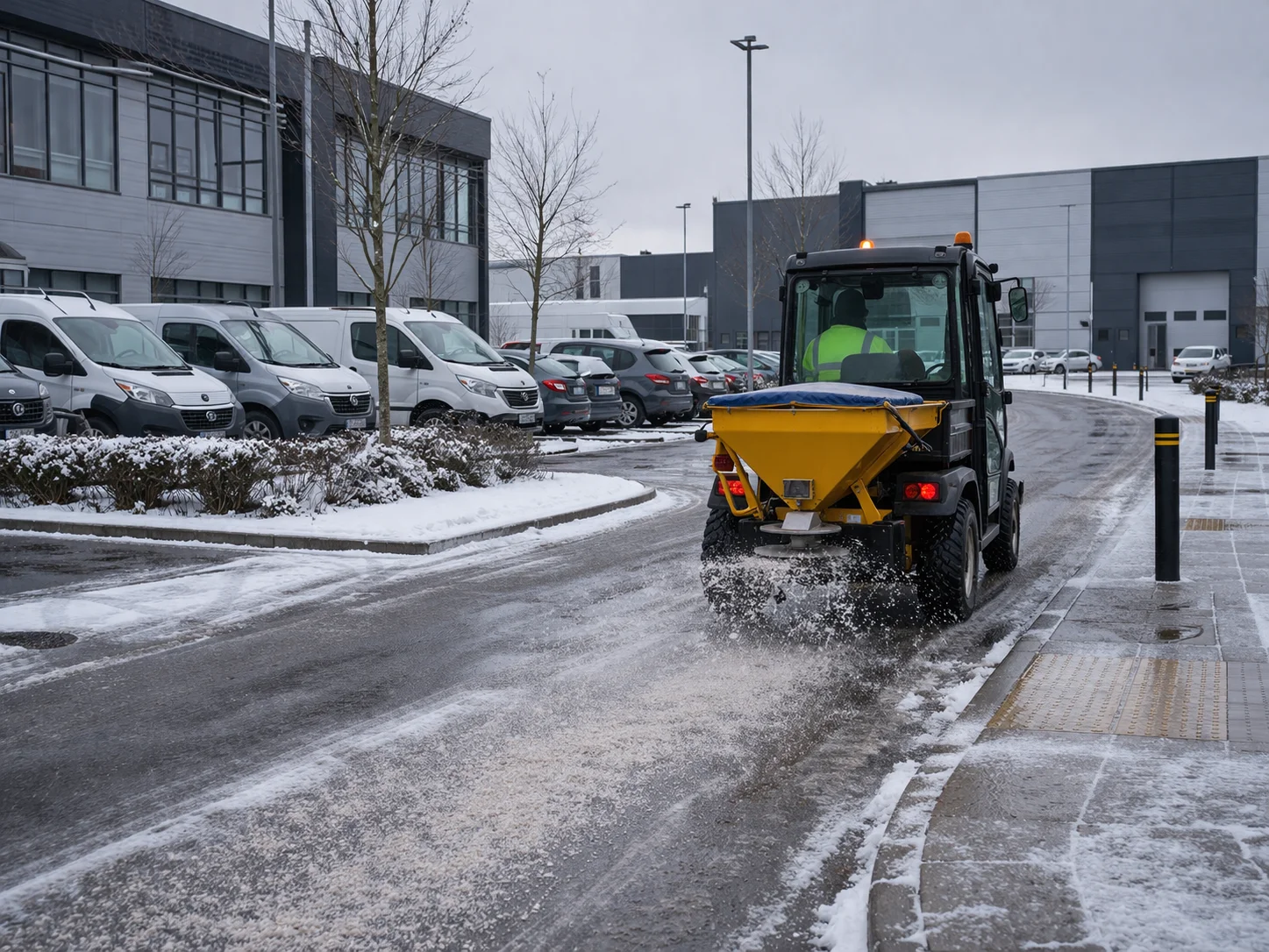 Winter maintenance vehicle spreading grit across a commercial site road.