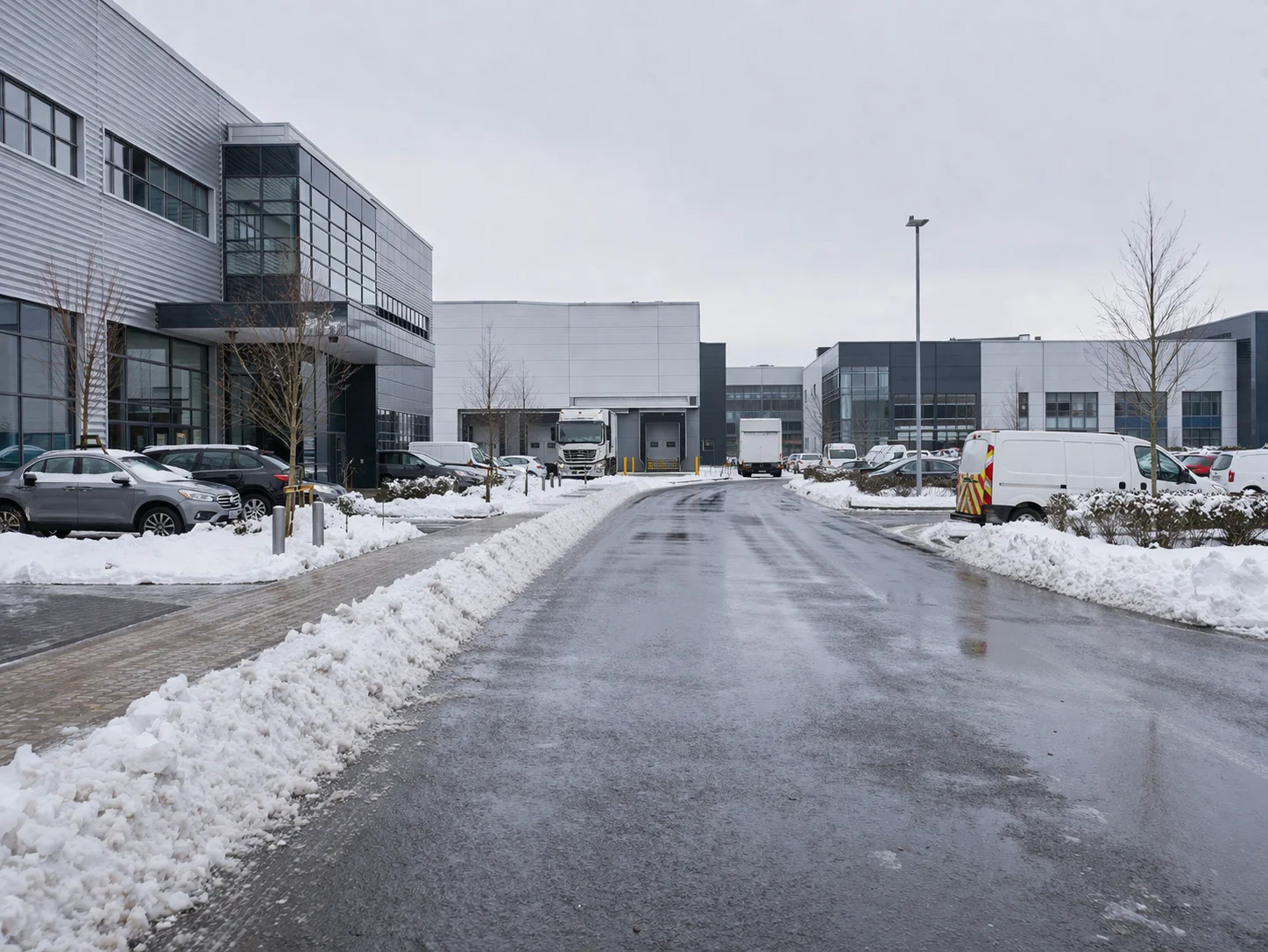 Commercial site access road after snow clearance and winter treatment.